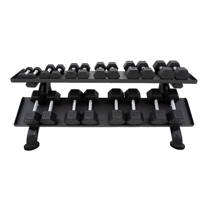 TKO 5-50lb Rubber Hex Dumbbell Set with 2-Tier Rack