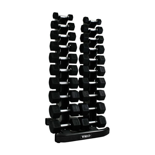 TKO 5-50lb Tri-Grip Rubber Hex Dumbbell Set with Vertical Rack