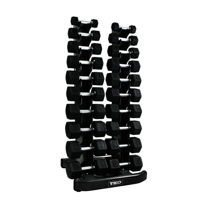 TKO 5-50lb Tri-Grip Rubber Hex Dumbbell Set with Vertical Rack