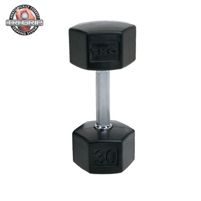 TKO 5-50lb Tri-Grip Rubber Hex Set with 3-Tier Rail Rack dumbbell single