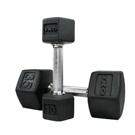 TKO 5-50lb Tri-Grip Rubber Hex Set with 3-Tier Rail Rack dumbbells assorted