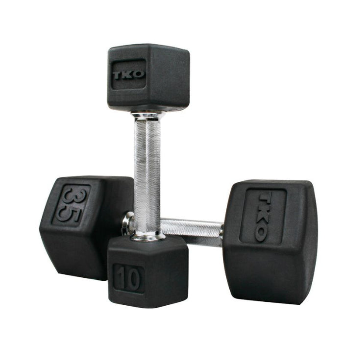 TKO 5-50lb Tri-Grip Rubber Hex Set with 3-Tier Rail Rack dumbbells assorted
