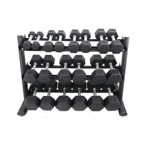 TKO 5-50lb Tri-Grip Rubber Hex Set with 3-Tier Rail Rack
