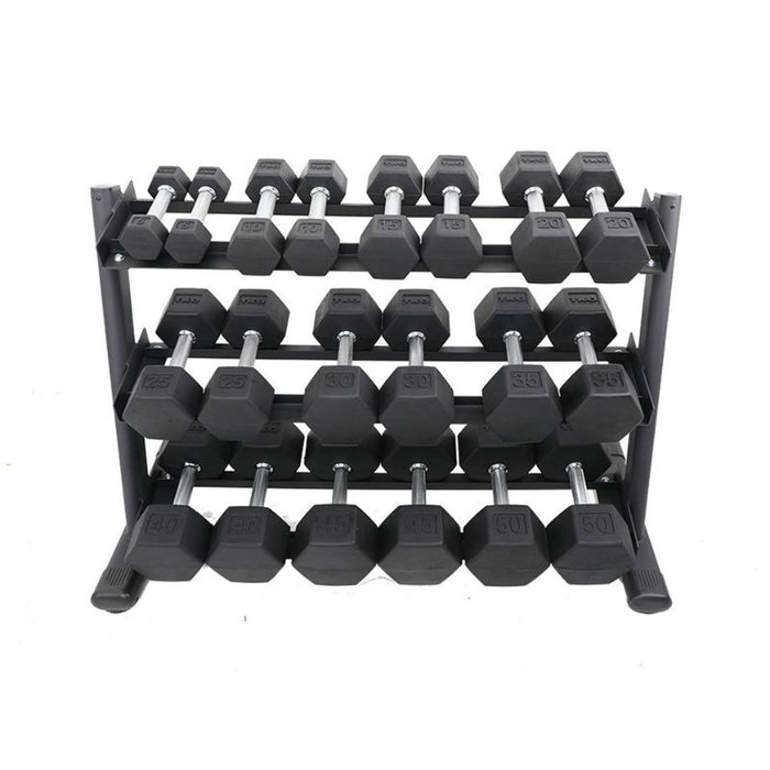 TKO 5-50lb Tri-Grip Rubber Hex Set with 3-Tier Rail Rack