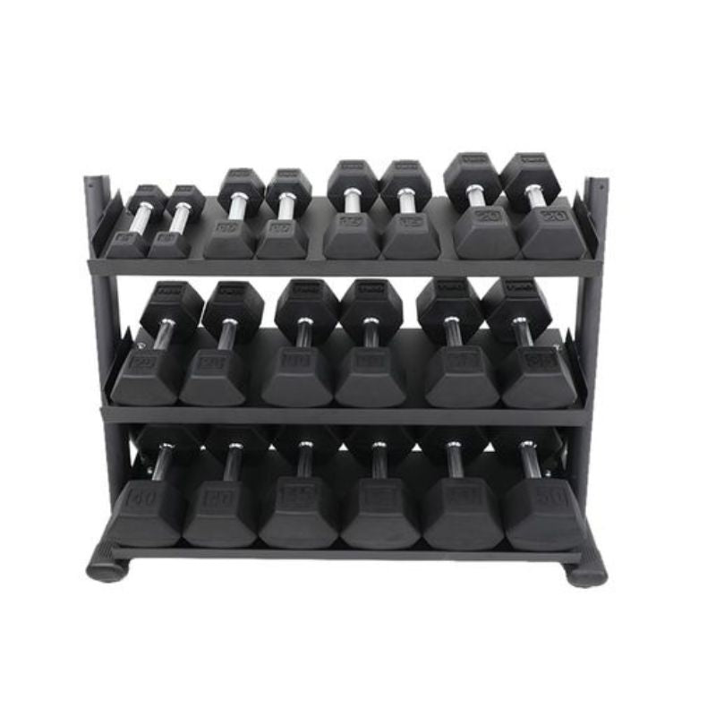 TKO 5-50lb Tri-Grip Rubber Hex Set with 3-Tier Tray Rack