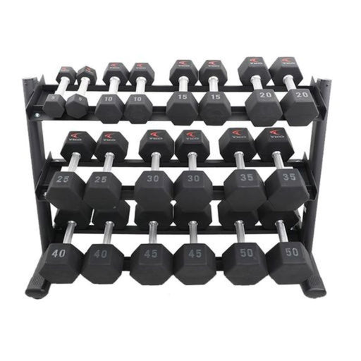 TKO 5-50lb Tri-Grip Urethane Hex Dumbbell Set with 3-Tier Rail Rack
