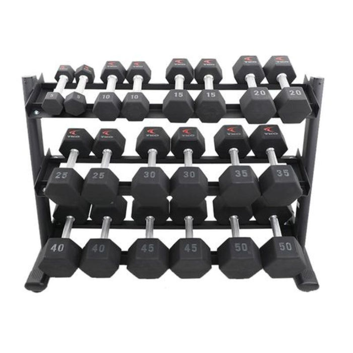 TKO 5-50lb Tri-Grip Urethane Hex Dumbbell Set with 3-Tier Rail Rack