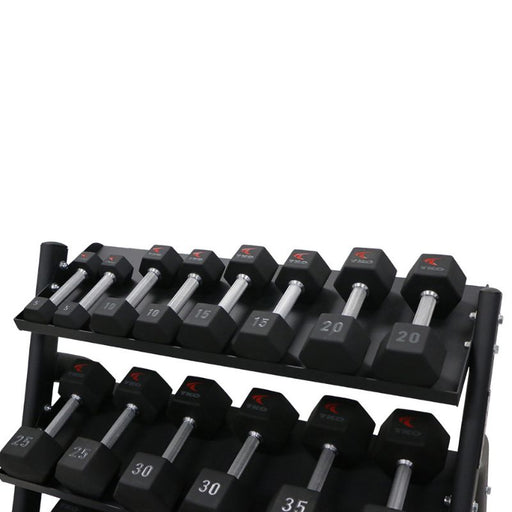 TKO 5-50lb Tri-Grip Urethane Hex Dumbbell Set with 3-Tier Tray Rack loaded front side