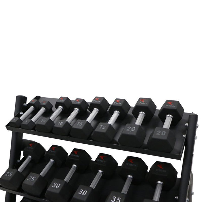 TKO 5-50lb Tri-Grip Urethane Hex Dumbbell Set with 3-Tier Tray Rack loaded front side