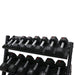 TKO 5-50lb Tri-Grip Urethane Hex Dumbbell Set with 3-Tier Tray Rack loaded front side