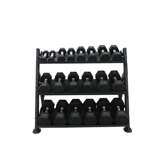 TKO 5-50lb Tri-Grip Urethane Hex Dumbbell Set with 3-Tier Tray Rack