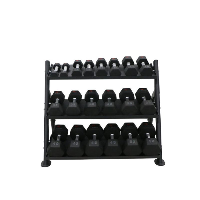 TKO 5-50lb Tri-Grip Urethane Hex Dumbbell Set with 3-Tier Tray Rack