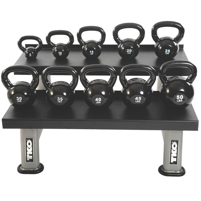 TKO 5-50lb Vinyl Kettlebell Set with 2-Tier Rack