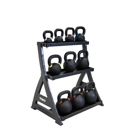 TKO 5-50lb Vinyl Kettlebell Set with 3-Tier Rack side angle loaded