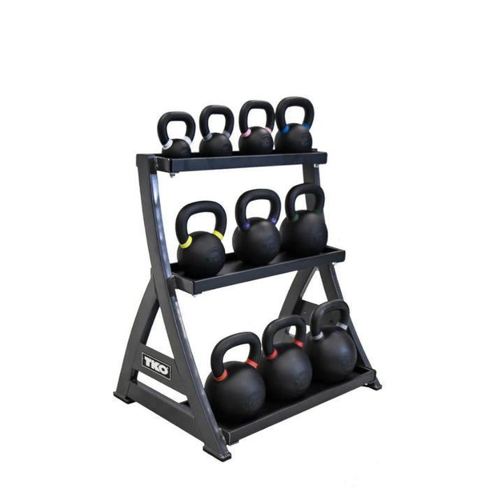TKO 5-50lb Vinyl Kettlebell Set with 3-Tier Rack side angle loaded