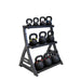 TKO 5-50lb Vinyl Kettlebell Set with 3-Tier Rack side angle loaded