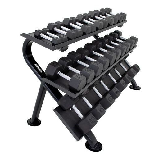 TKO 5-75lb Rubber Hex Dumbbell Set with 3-Tier Rack loaded side
