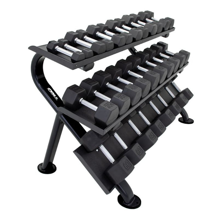 TKO 5-75lb Rubber Hex Dumbbell Set with 3-Tier Rack loaded side