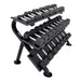 TKO 5-75lb Rubber Hex Dumbbell Set with 3-Tier Rack loaded side