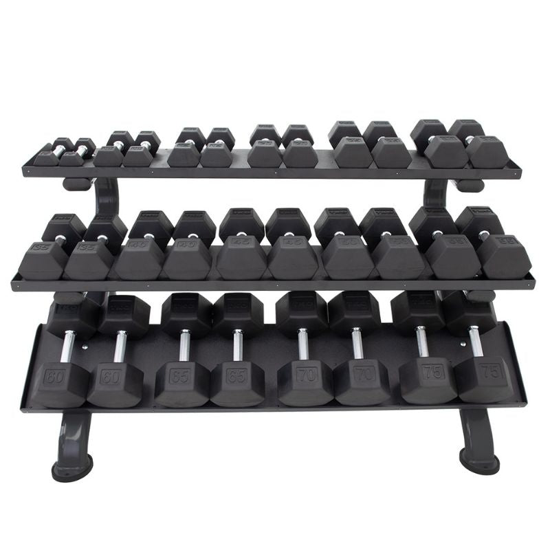 TKO 5-75lb Rubber Hex Dumbbell Set with 3-Tier Rack