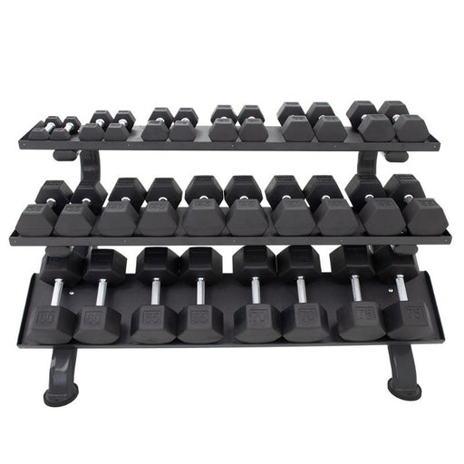 TKO 5-75lb Rubber Hex Dumbbell Set with 3-Tier Rack