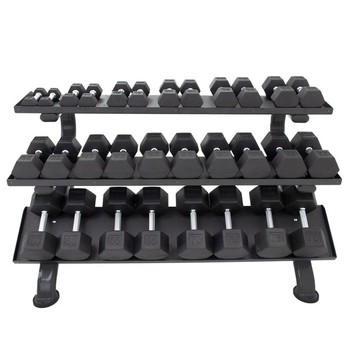 TKO 5-75lb Rubber Hex Dumbbell Set with 3-Tier Rack