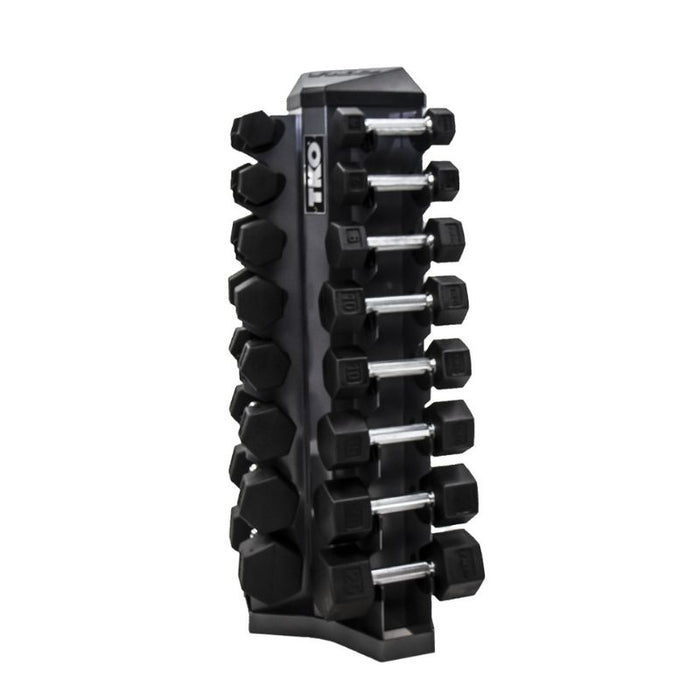 TKO 8-Pair Tri-Grip Rubber Hex Dumbbell Set with Rack angle full set
