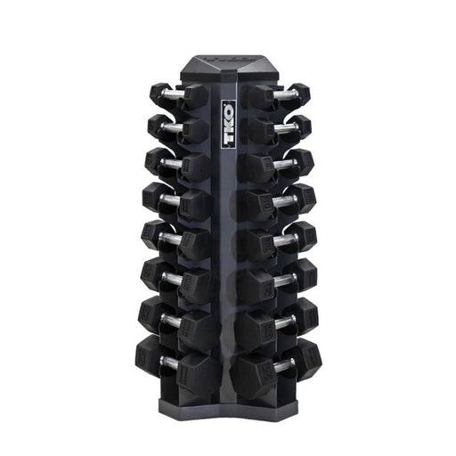 TKO 8-Pair Tri-Grip Rubber Hex Dumbbell Set with Rack