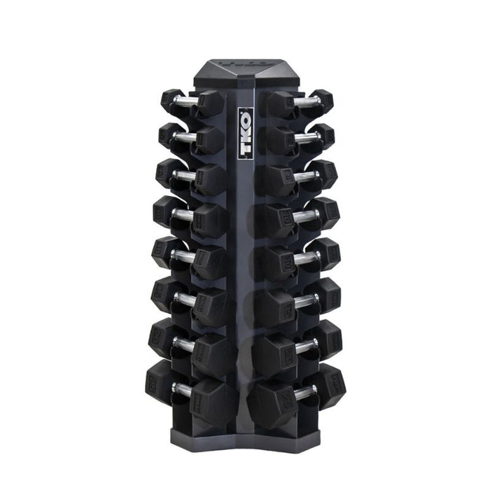 TKO 8-Pair Tri-Grip Rubber Hex Dumbbell Set with Rack