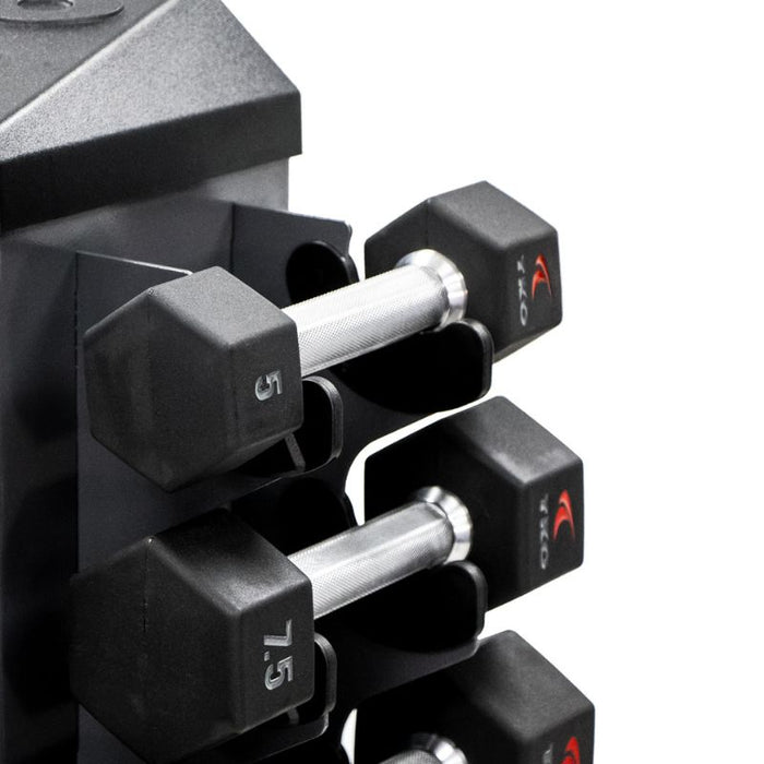 TKO 8-Pair Tri-Grip Urethane Hex Dumbbell Set with Rack closeup