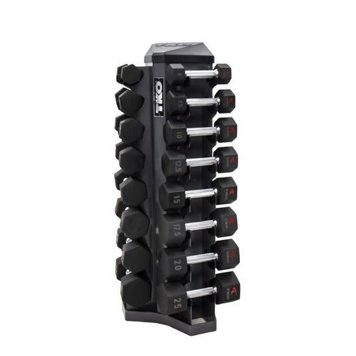 TKO 8-Pair Tri-Grip Urethane Hex Dumbbell Set with Rack full set angle