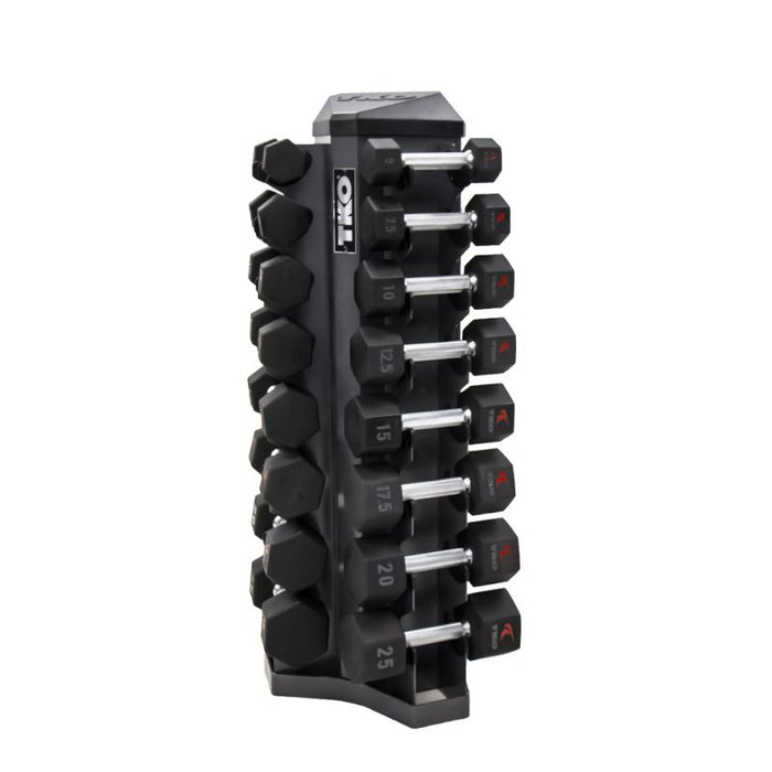 TKO 8-Pair Tri-Grip Urethane Hex Dumbbell Set with Rack full set angle