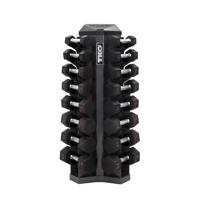 TKO 8-Pair Tri-Grip Urethane Hex Dumbbell Set with Rack