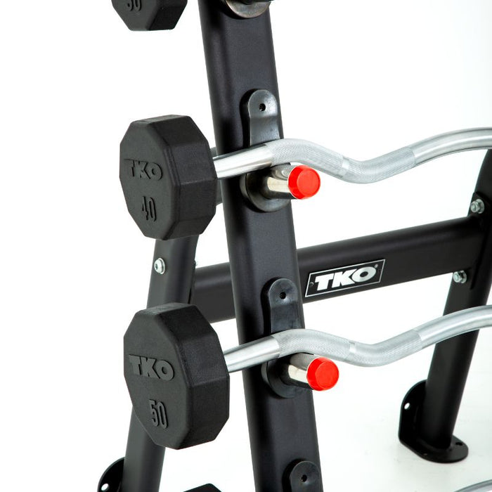 TKO Fixed Rubber Curl Bar Set, 20-60lbs with Rack loaded closeup