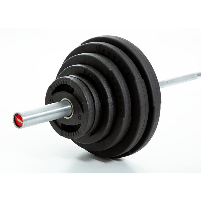 TKO Olympic Rubber Plate and Barbell Set, 300lb Plates + 1500lb Cap Bar loaded side