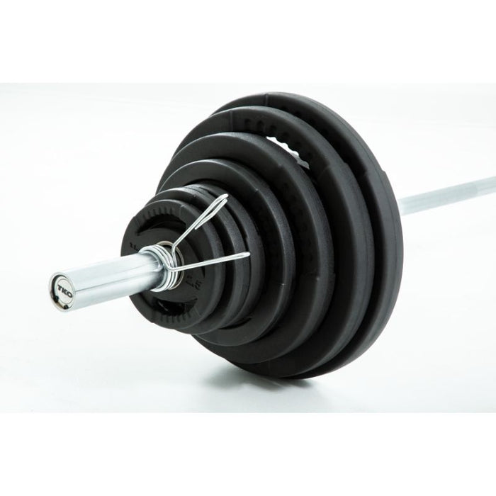 TKO Olympic Rubber Plate and Barbell Set, 300lb Plates + 500lb Cap Bar loaded side