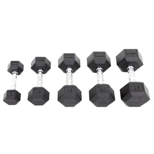 TKO Strength Rubber Hex Dumbbell Set with Contour Grip 5-25lb