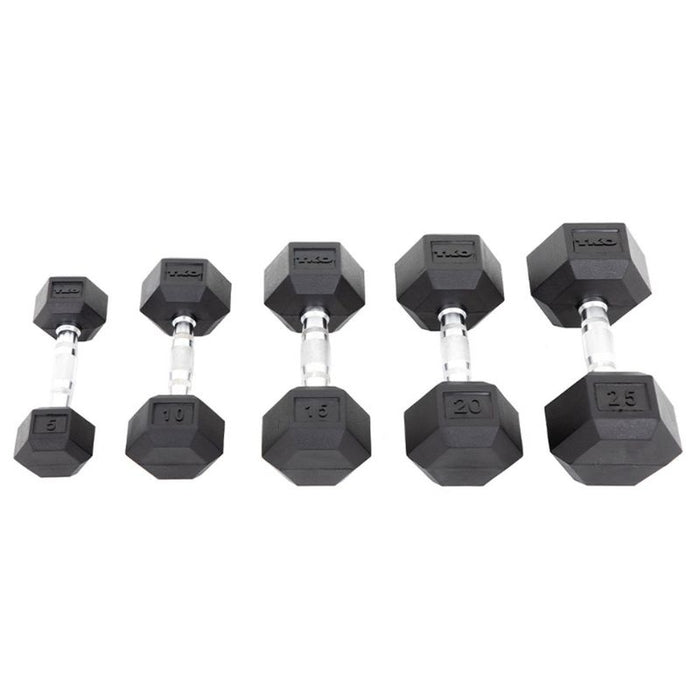 TKO Strength Rubber Hex Dumbbell Set with Contour Grip 5-25lb