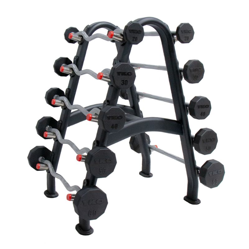 TKO Rubber Straight & Curl Barbell Set, 20-60lb Each with Rack