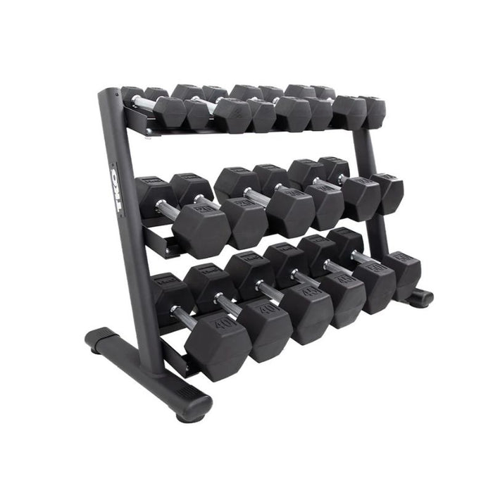 TKO Strength 3-Tier Rail Dumbbell Rack with dumbbells