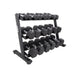 TKO Strength 3-Tier Rail Dumbbell Rack with dumbbells