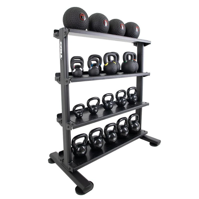 TKO Strength 4-Tier Horizontal Kettlebell Tray Rack 895KR-4B Angle Loaded