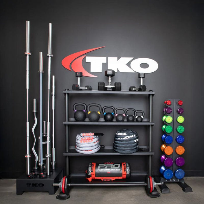 TKO Strength 4-Tier Horizontal Kettlebell Tray Rack 895KR-4B Full Setup