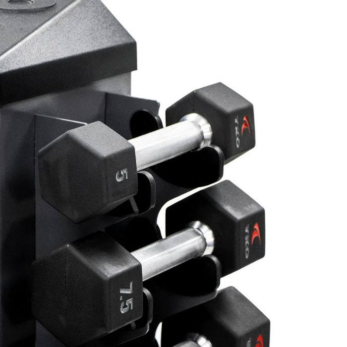 TKO Strength 8 Pair Vertical Dumbbell Holder With Dumbbells Closeup
