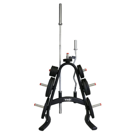 TKO Strength Olympic Plate Tree loaded with plates and bars
