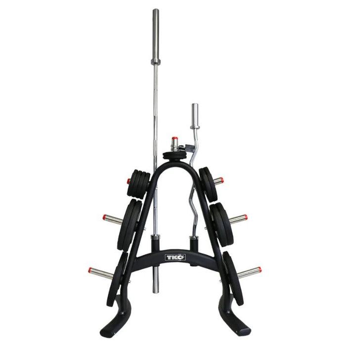 TKO Strength Olympic Plate Tree loaded with plates and bars