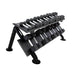 TKO Tri-Grip Rubber Hex Dumbbell Set with Rack loaded angle