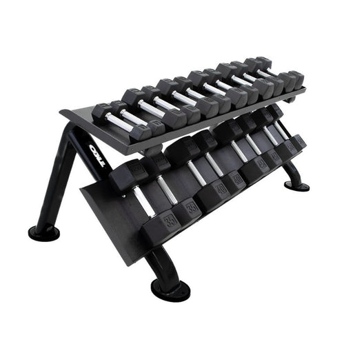 TKO Tri-Grip Urethane Hex Dumbbell Set with Horizontal Dumbbell Rack loaded angle