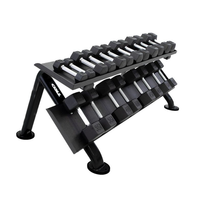 TKO Tri-Grip Urethane Hex Dumbbell Set with Horizontal Dumbbell Rack loaded angle