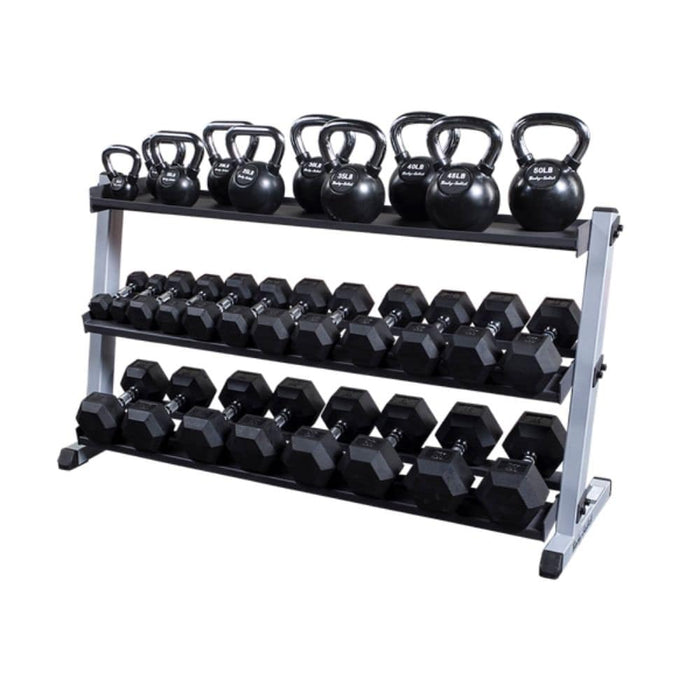 Body-Solid GDR60 Pro Dumbbell Rack With Optional Tray And Black KB And Hex DB